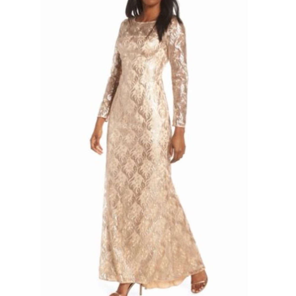 Eliza J Champagne Sequin Lace Long Sleeve Formal Gown Size 14 Evening